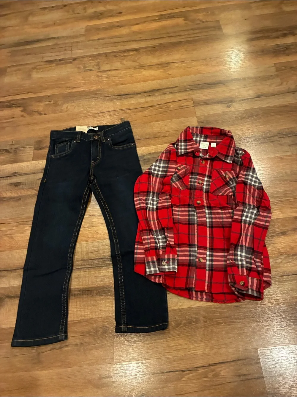 Kids Slim Straight Jeans Matching Set - Dark Blue with Red Flannel Shirt